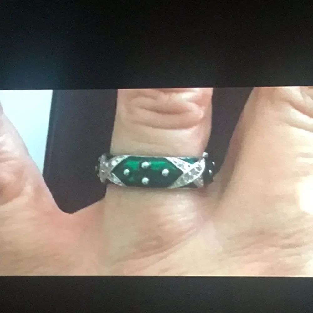 Green Enamel & CZ “X” Design Stack Band Ring - Picture 6 of 6